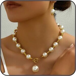 Lightweight Adjustable Gold Pearl Necklace Set with Matching Earrings for Women
